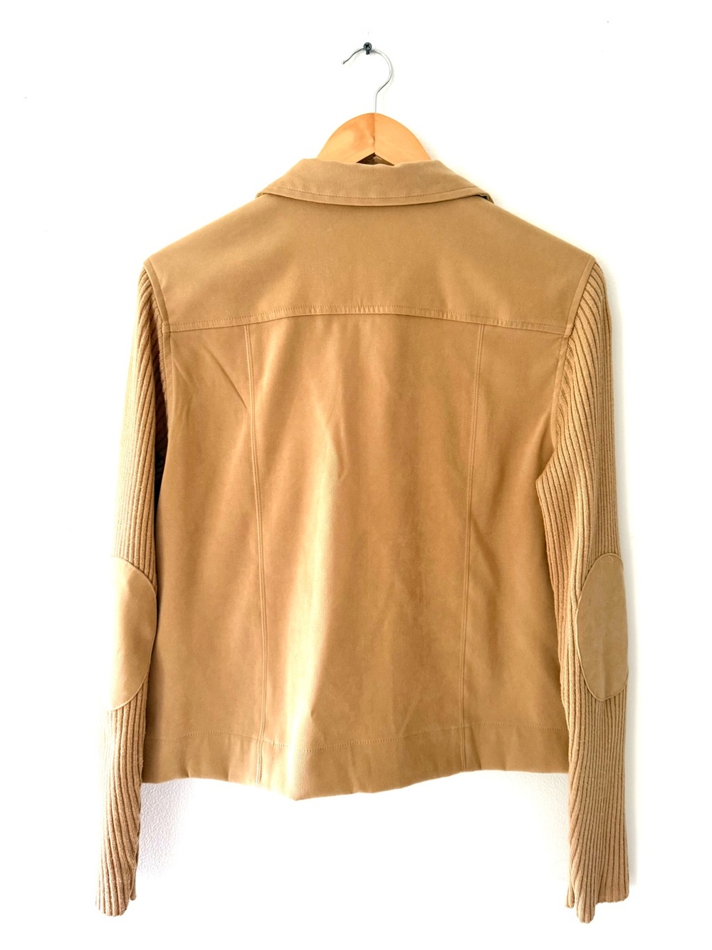 Karen Scott Mixed Media Faux Suede Camel Ribbed Knit Sleeve Shacket Jacket M - Picture 3 of 10